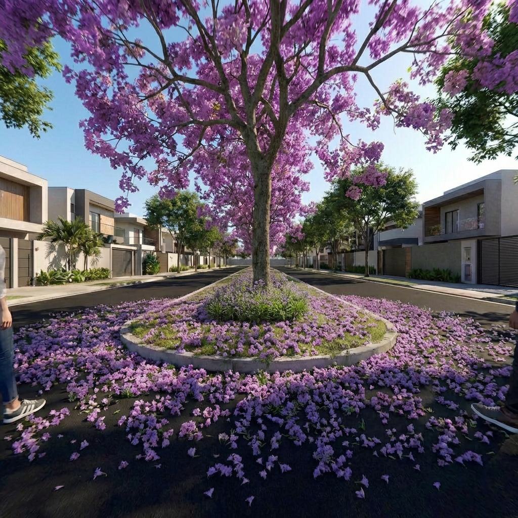 Perspectiva de rua do Loteamento Vale do Cerrado I, com ipê-roxo, canteiro florido e residências