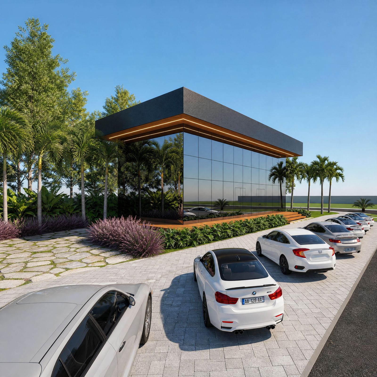 Vista externa do coworking do Condomínio Industrial Marco Norte, com estacionamento e fachada envidraçada