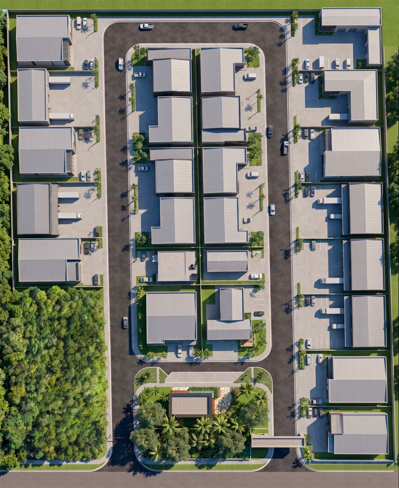 Vista aérea do Condomínio Industrial Marco Norte, com lotes, vias internas e áreas verdes