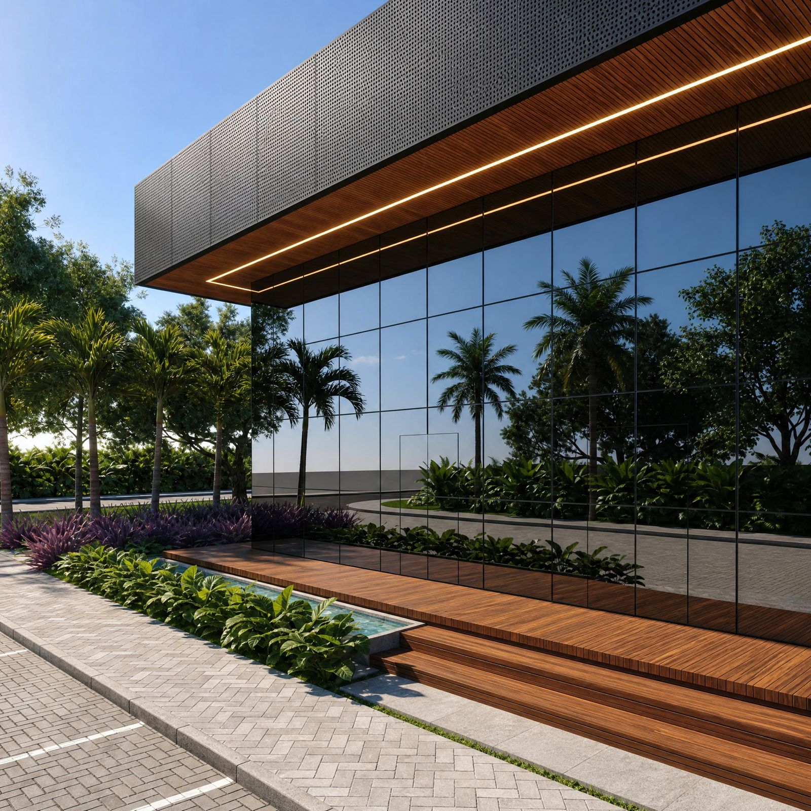 Detalhe do coworking do Condomínio Industrial Marco Norte, com fachada envidraçada, deck e paisagismo